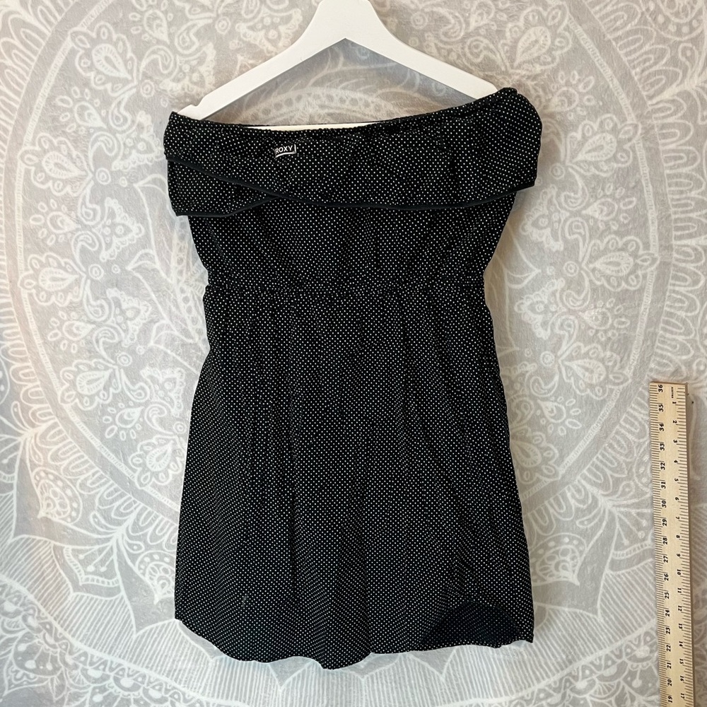 BLACK STRAPLESS RUFFLE POLKA DOT DRESS WHITE L LARGE TOXY EUC